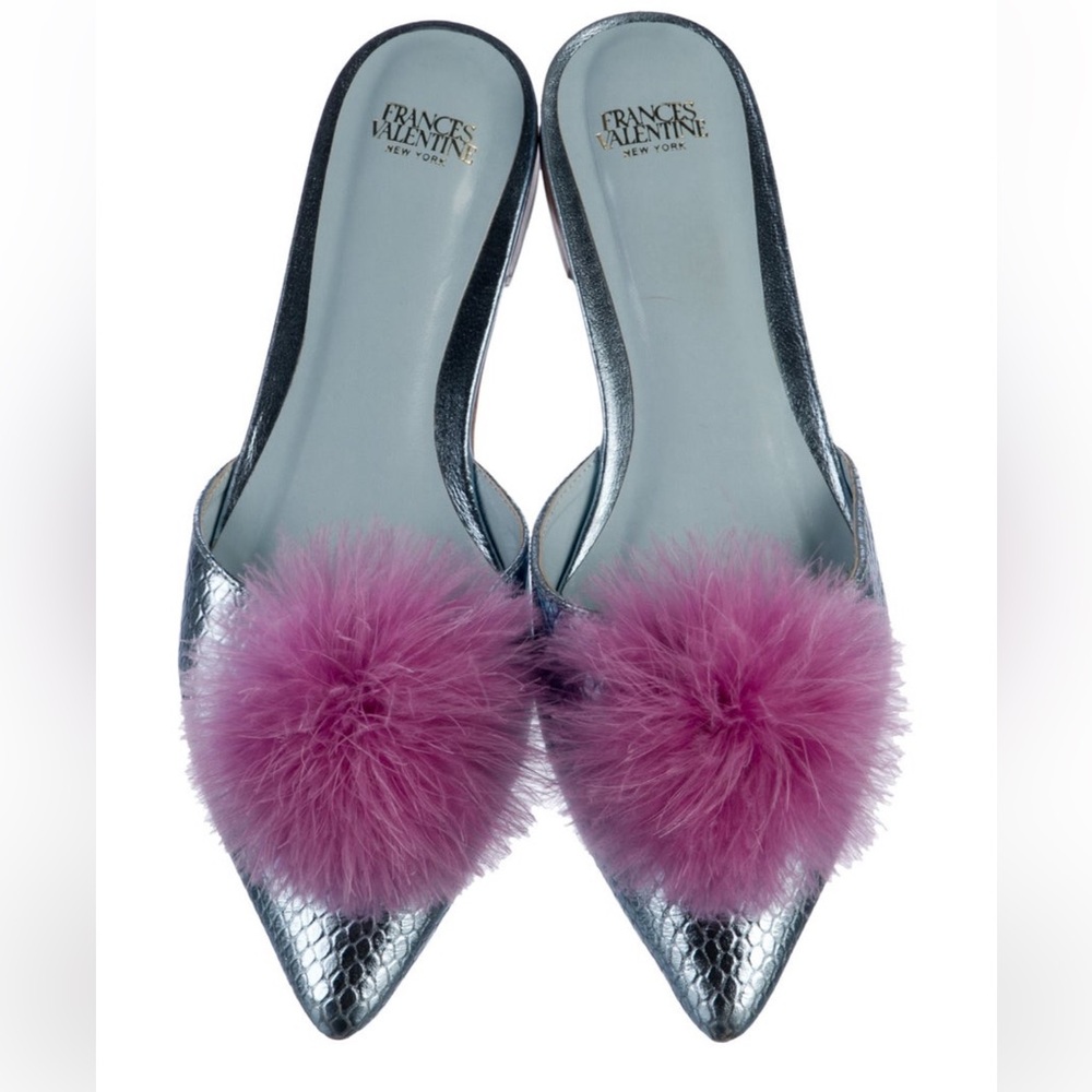 Frances Valentine Metallic Silver (light blue) Pointed Mules with Magenta Pom